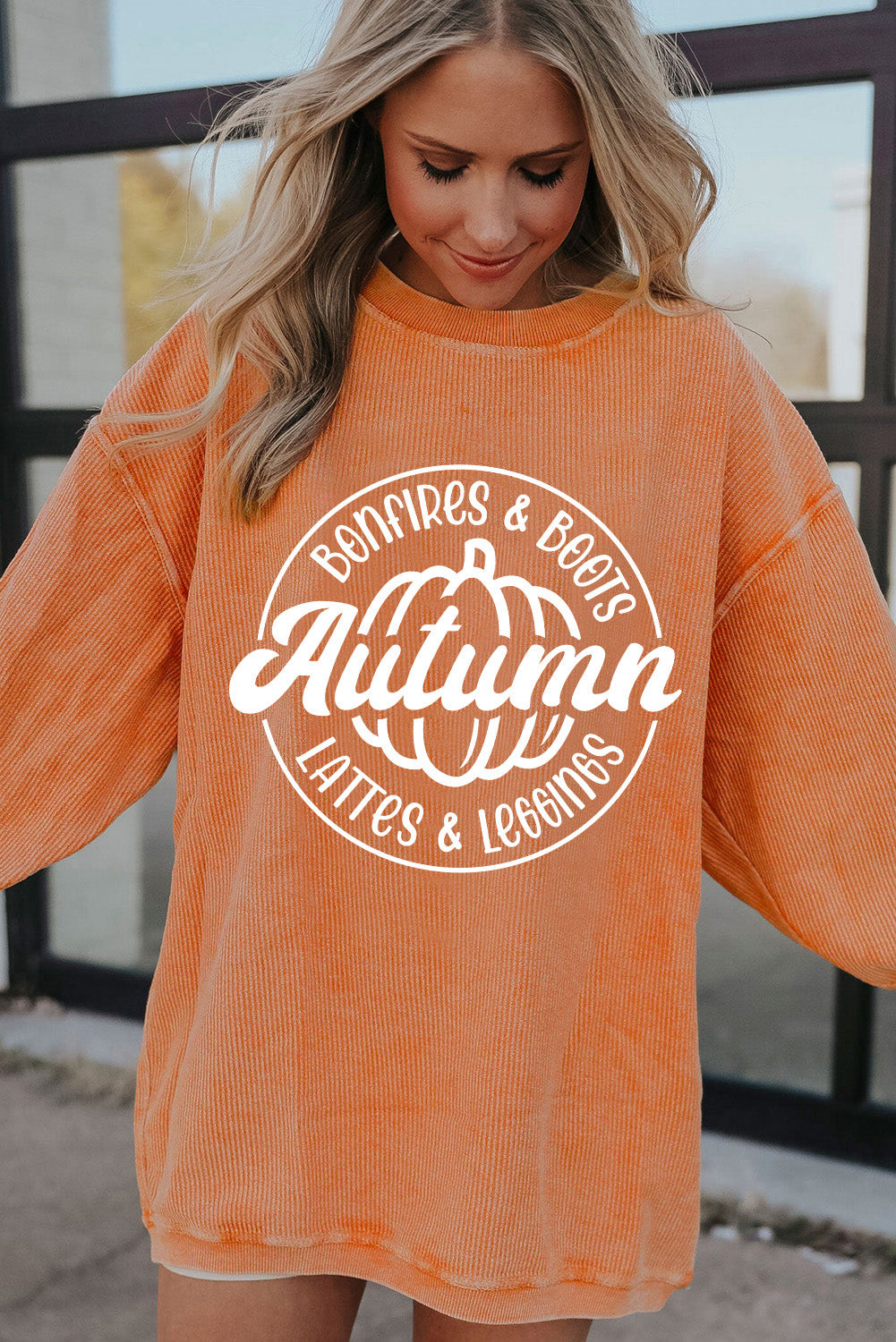 Orange Pumpkin Graphic Print Corded Oversized Sweatshirt