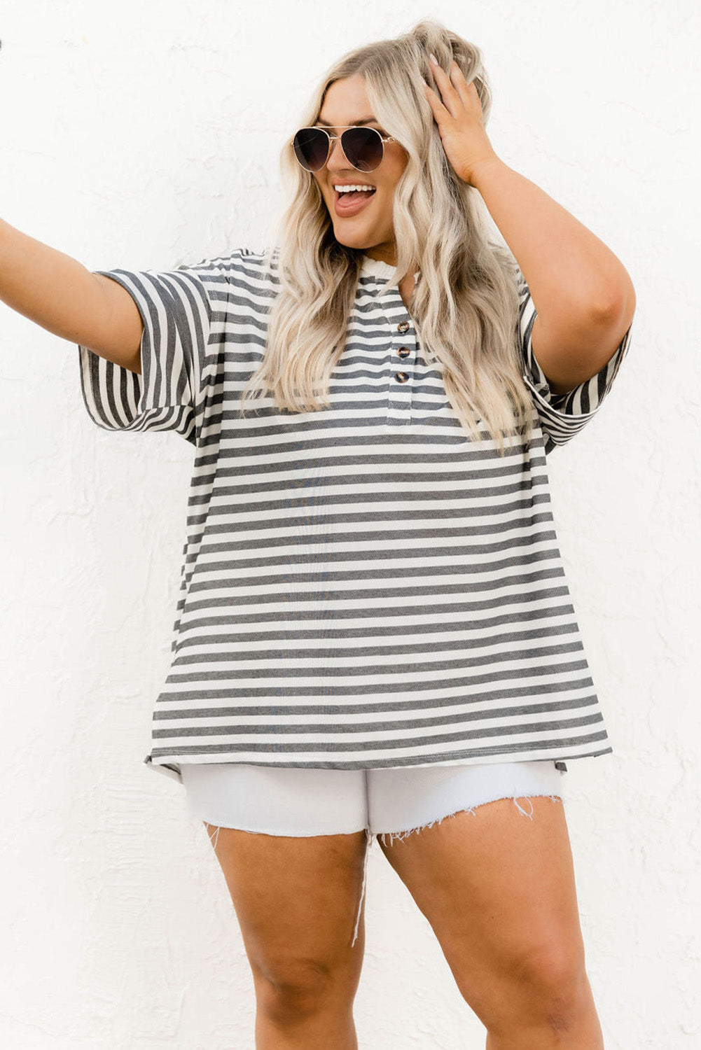 Striped Casual Plus Size Button Neck Henley Tee