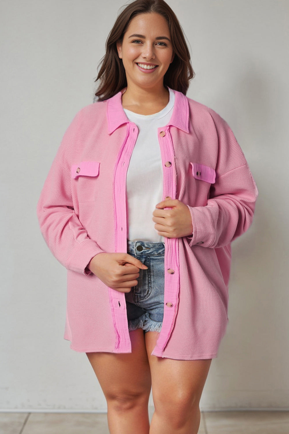 Pink Plus Size Waffle Knit Flap Pocket Long Sleeve Shirt