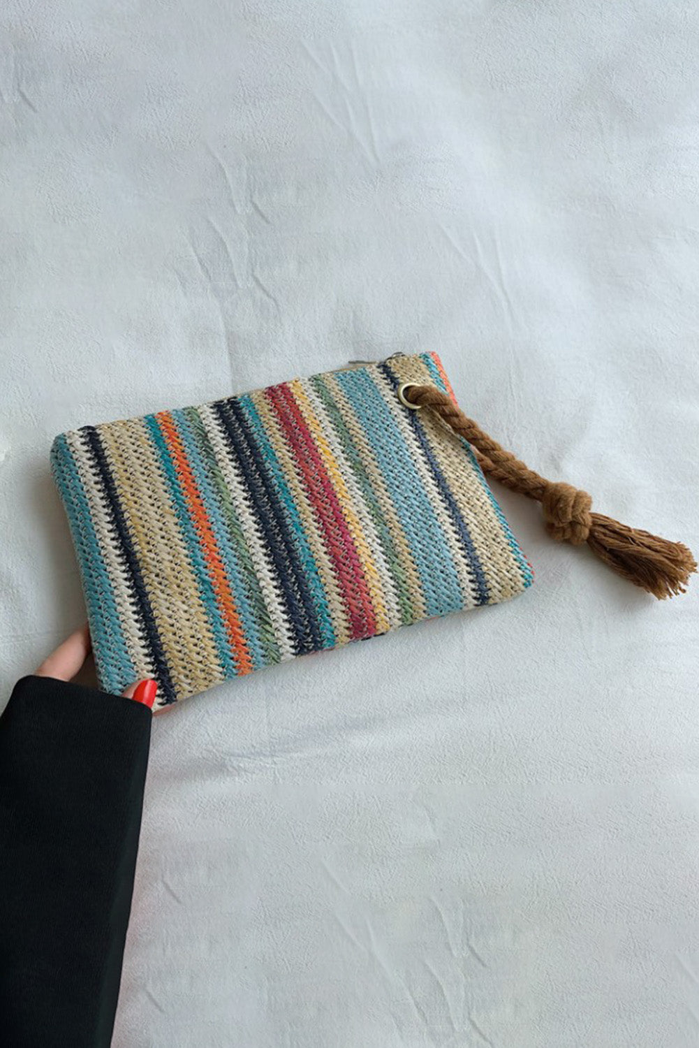 Multicolor Colorblock Zipper Woven Straw Bag