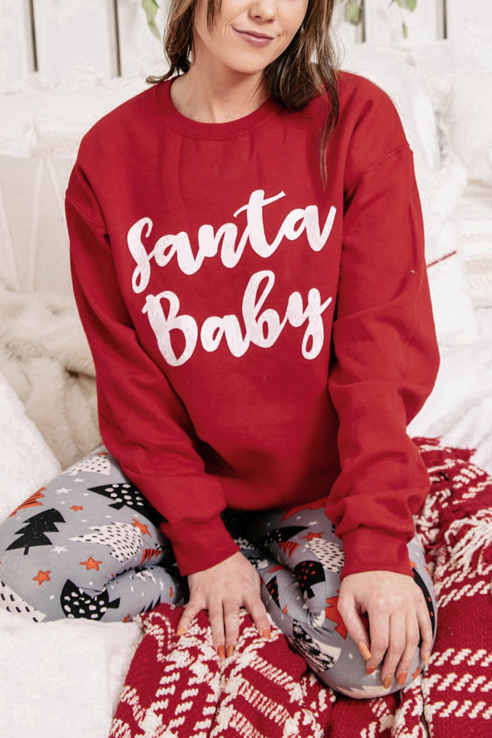 Red Santa Baby Print Crew Neck Pullover Graphic Sweatshirt