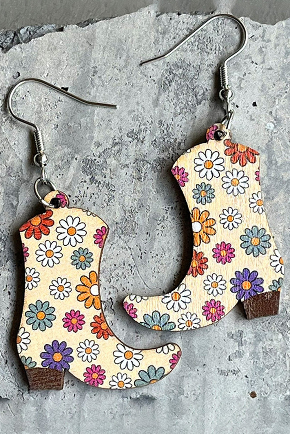 Multicolor Floral Print Wooded Boots Earrings