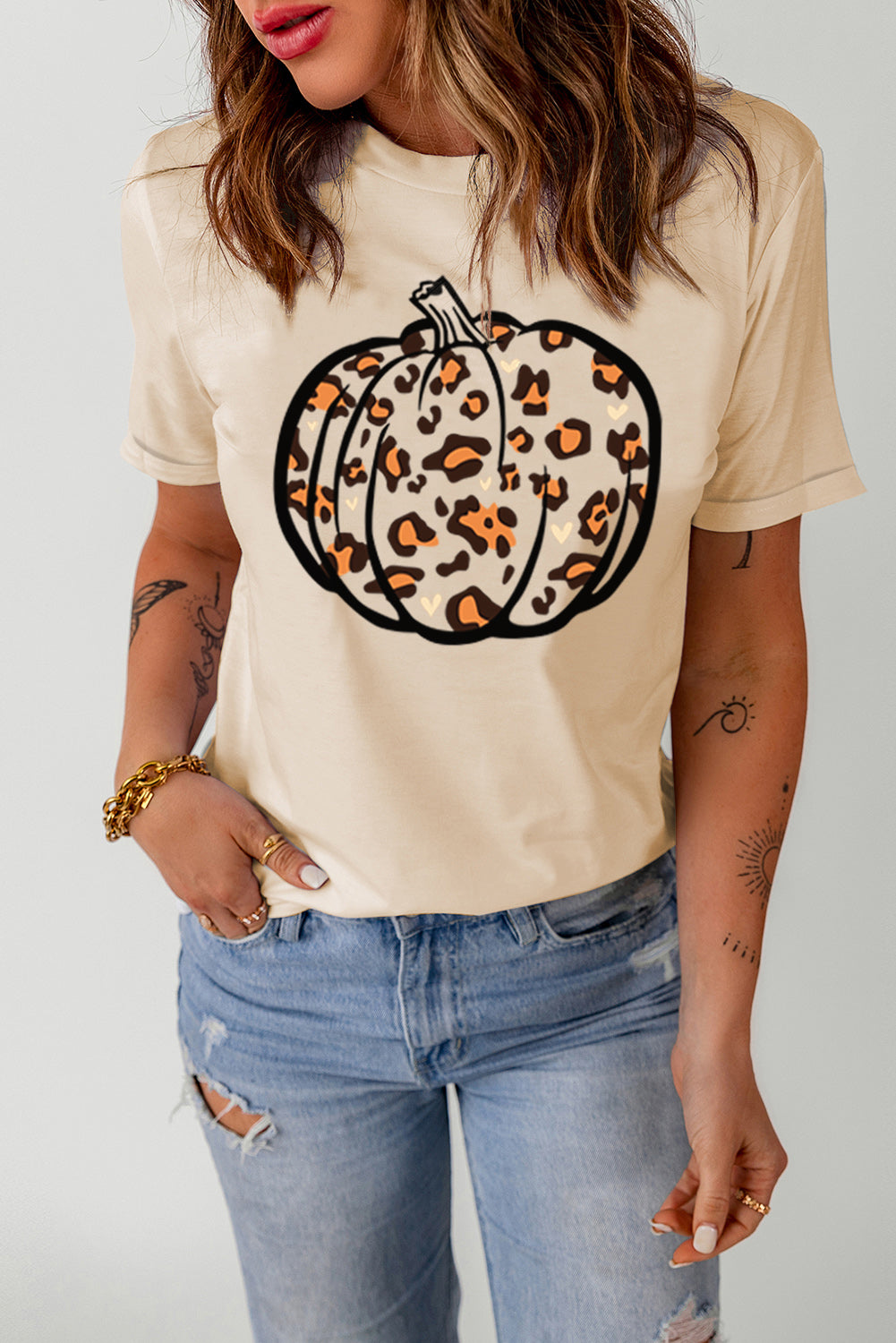 Khaki Pumpkin Leopard Print Casual Graphic Tee