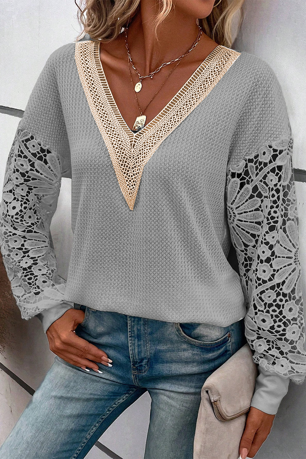 White Lace Splicing V Neck Drop Sleeve Top