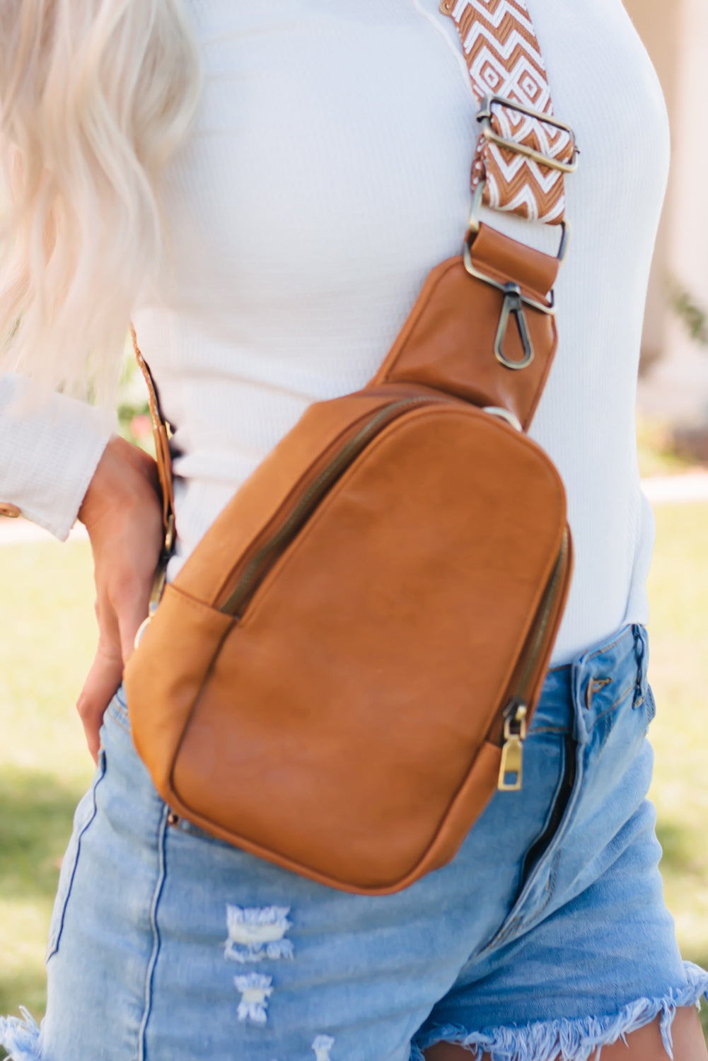 Brown Faux Leather Zipped Crossbody Chest Bag