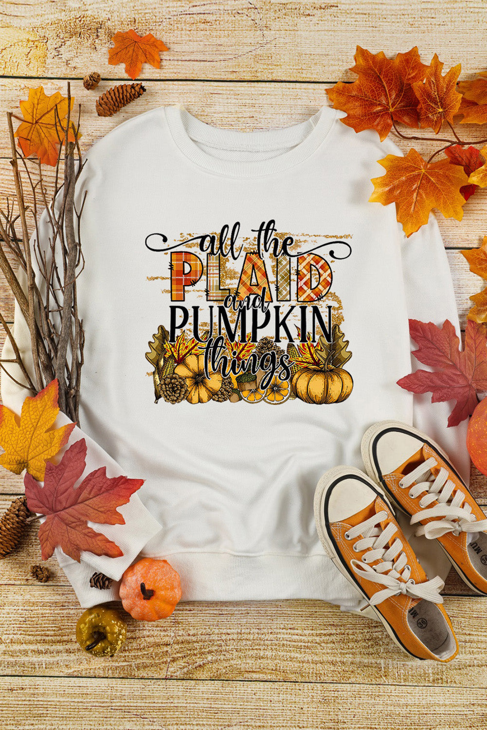 Beige all the Plaid and Pumpkin things Print Graphic Sweatshirt