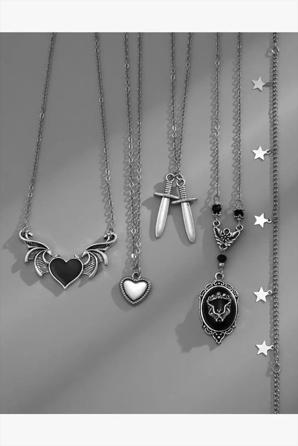 Silver 5Pcs Heart Star Gothic Pendant Necklace Set