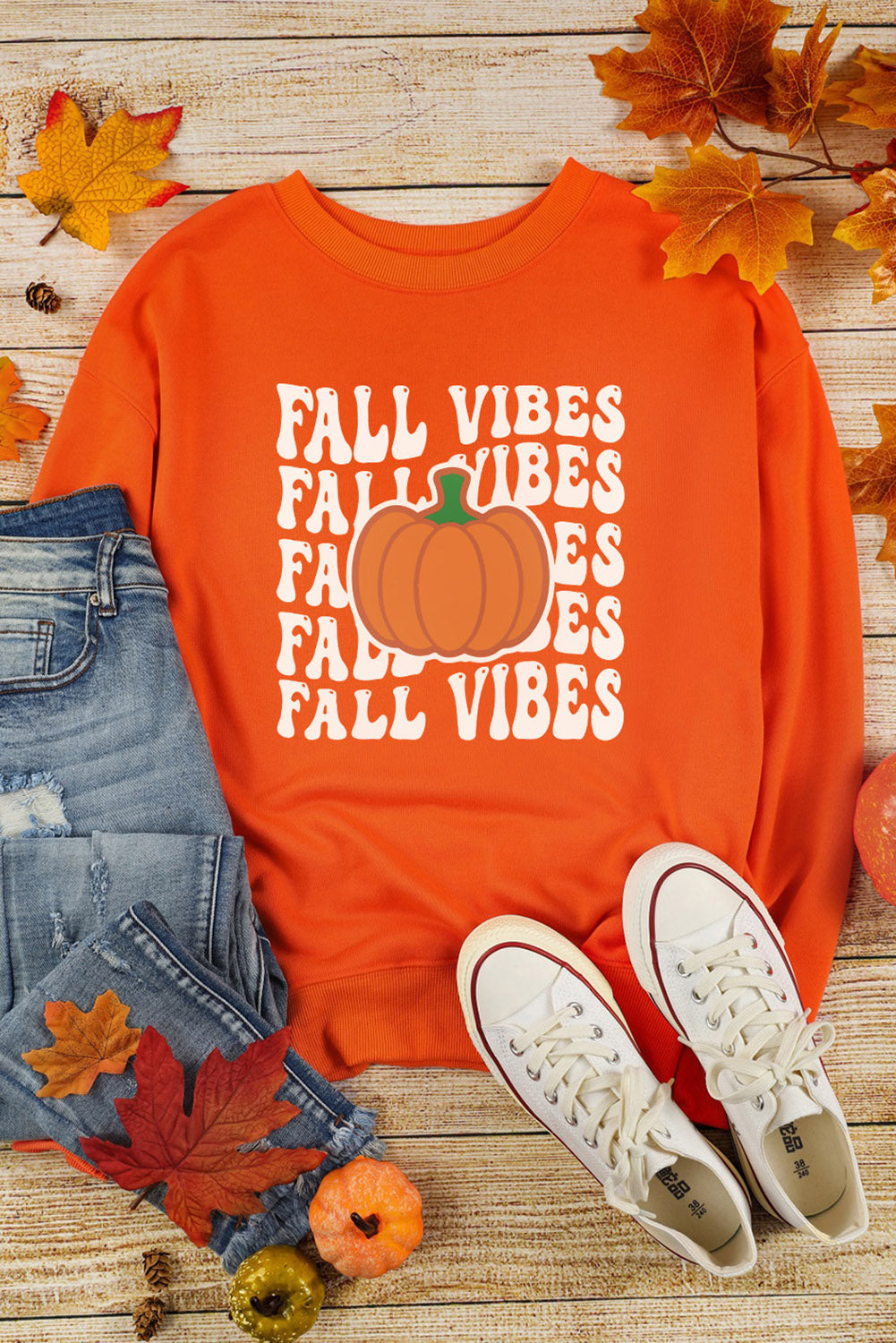 Orange FALL VIBES Chic Pumpkin Graphic Sweatshirt