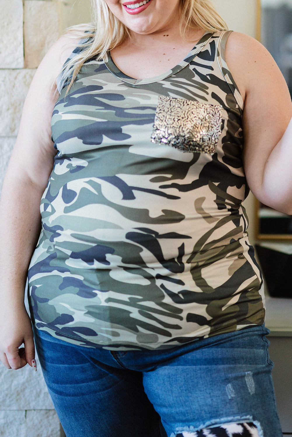 Green Sequin Pocket Camouflage Plus Size Tank Top