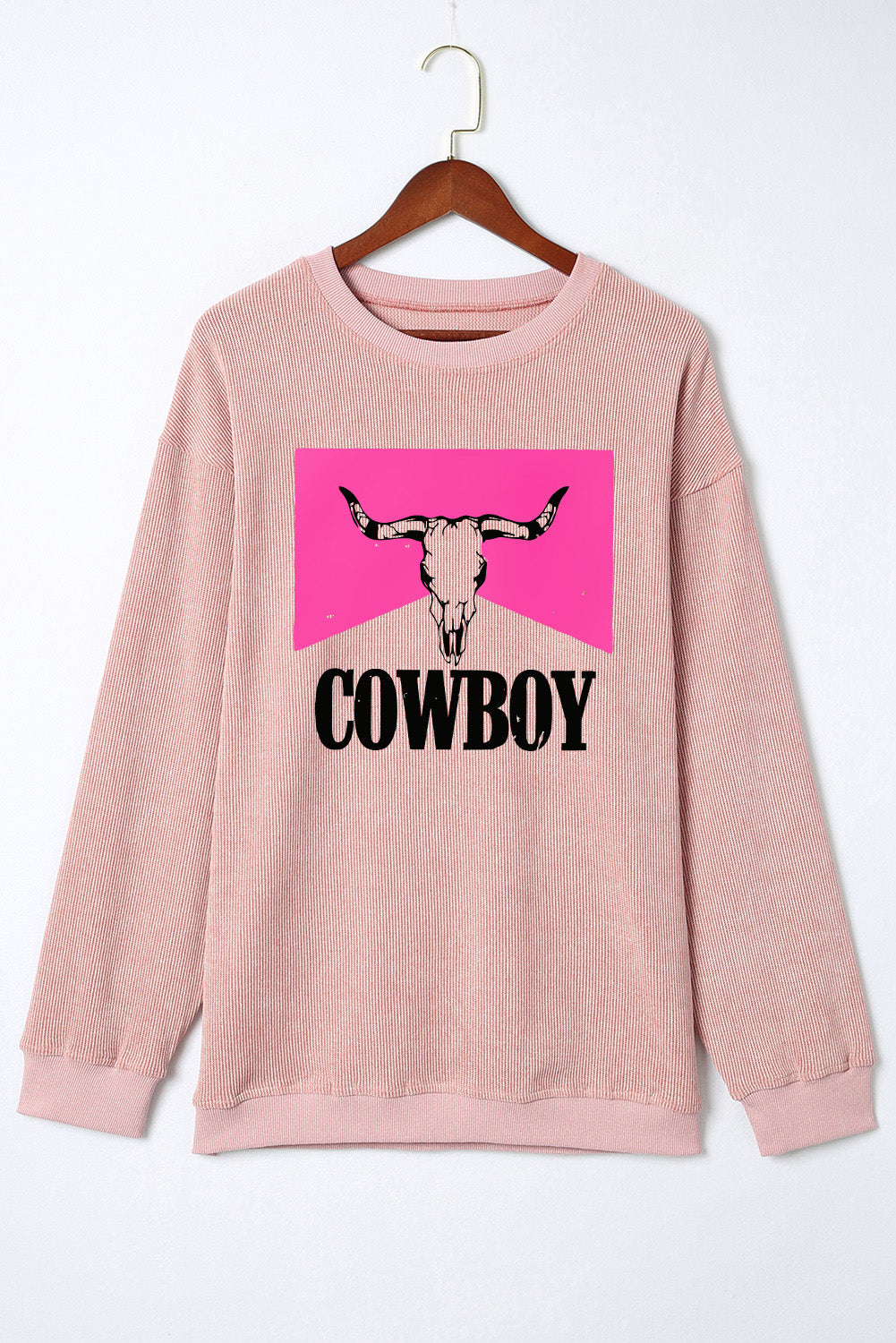 Pink Steer Head Cowboy Print Corded Pullover Graphic Sweatshirt