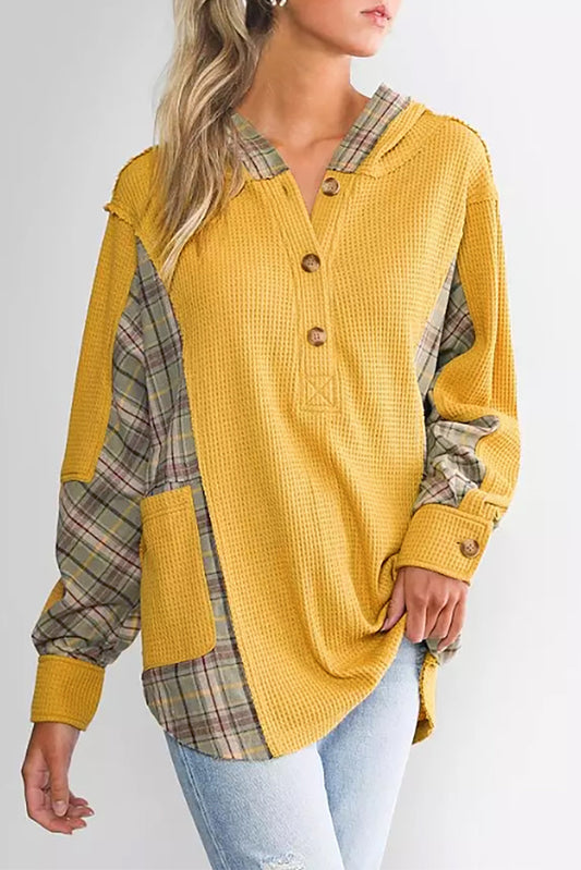 Yellow Waffle Knit and Plaid Casual Henley Pullover Hoodie