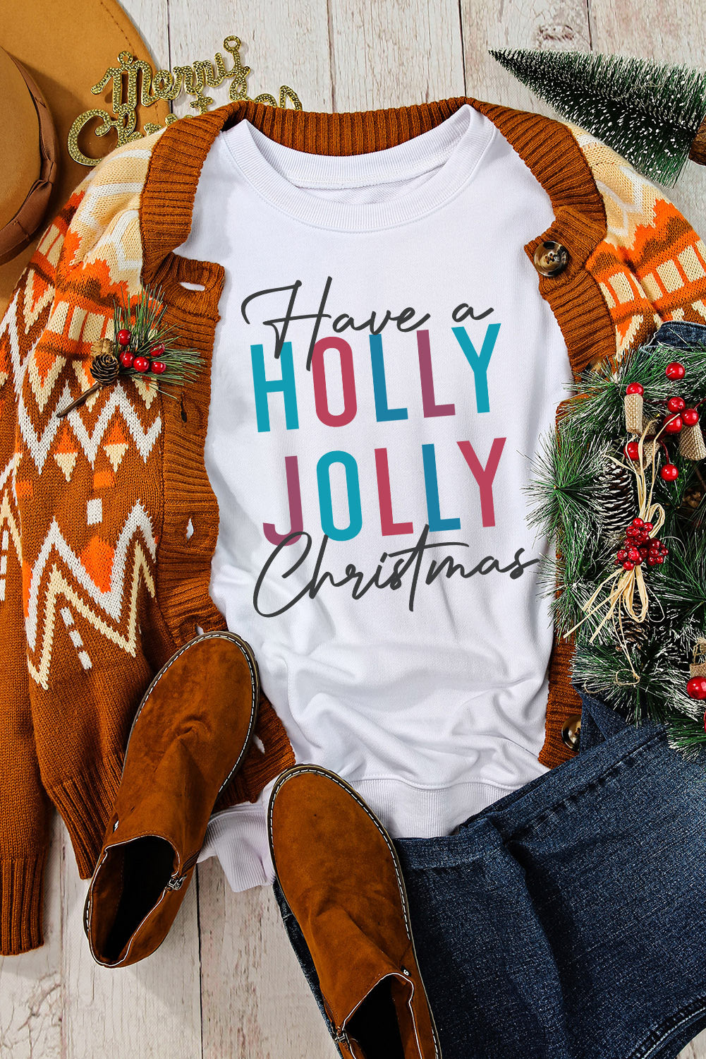 White Have a HOLLY JOLLY Christmas Graphic Pullover Sweatshirt