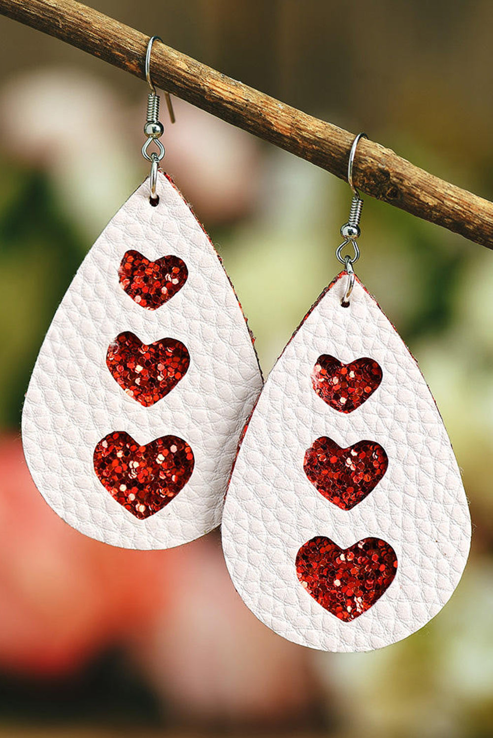 White  Valentines Heart Print Pu Leather Teardrop Dangle Earrings