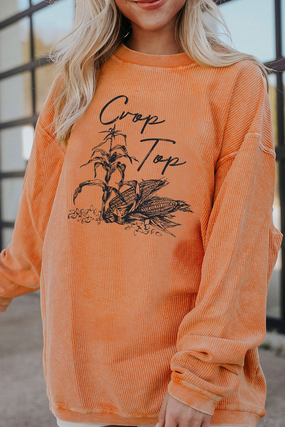 Orange Crop Top Corn Letter Print Graphic Corded Sweatshirt