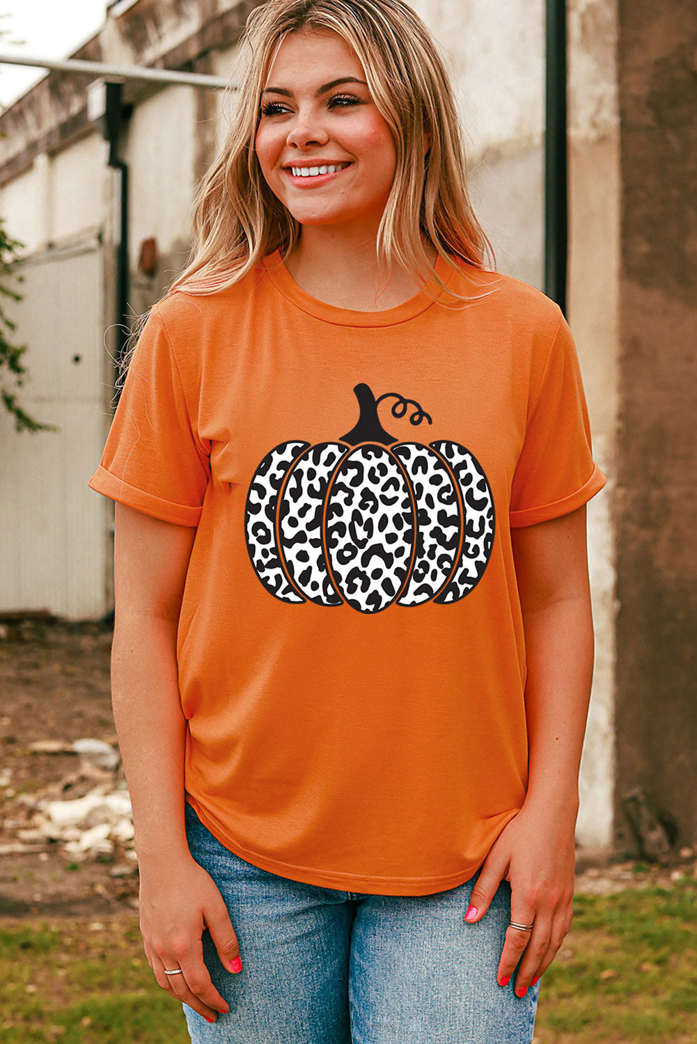 Orange Leopard Pumpkin Round Neck Graphic Tee