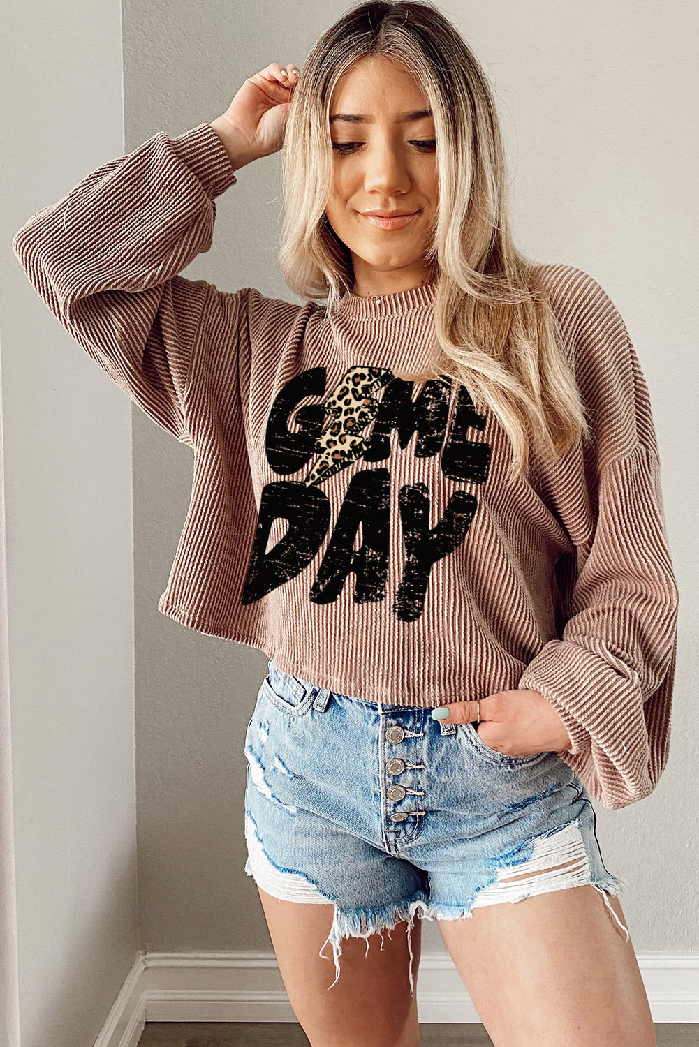 Khaki Game Day Graphic Crop Corded Knit Top