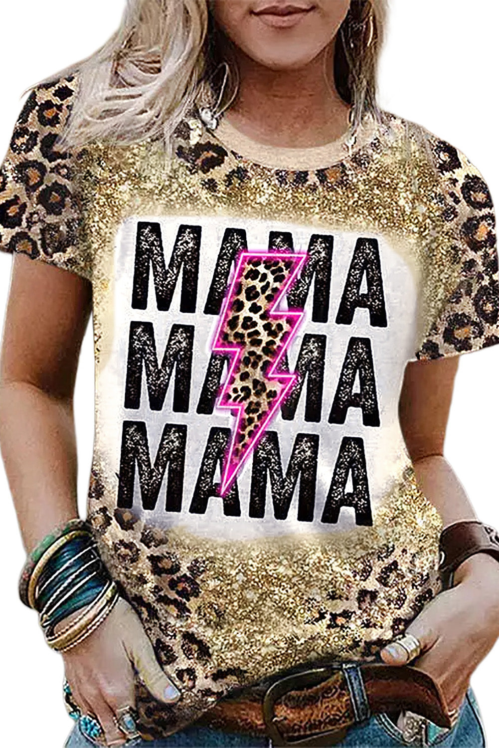 Leopard Dyed MAMA Lightning Graphic T Shirt