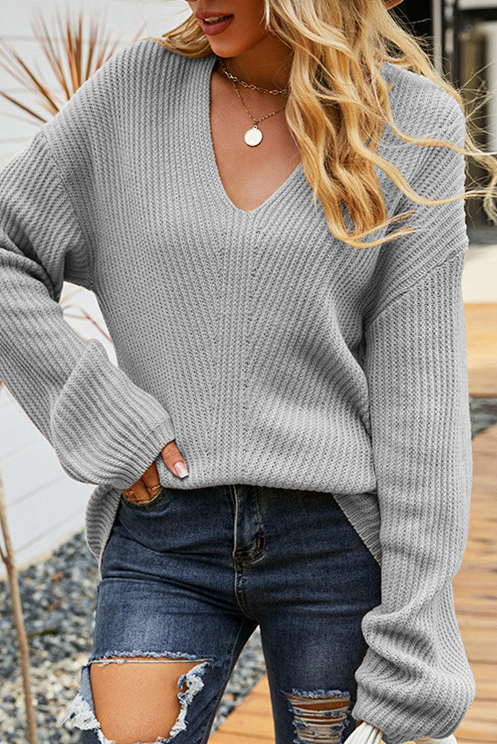 Gray Solid Color Stitching Knit V Neck Drop Shoulder Sweater