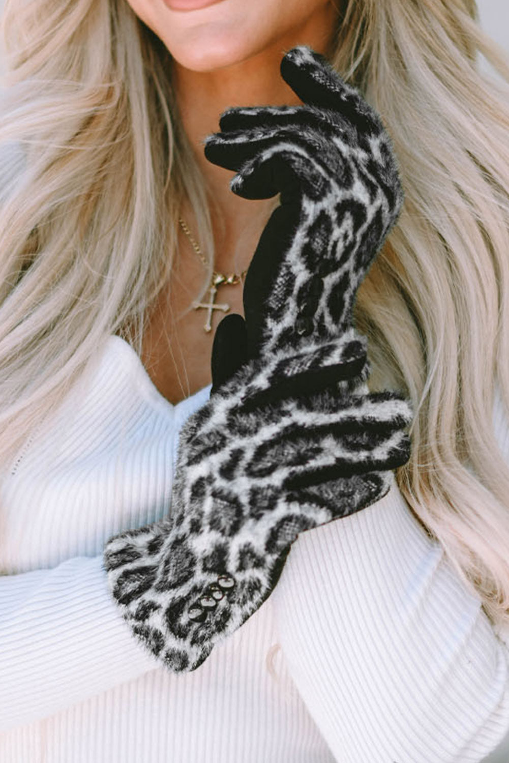 Black Studded Furry Leopard Gloves