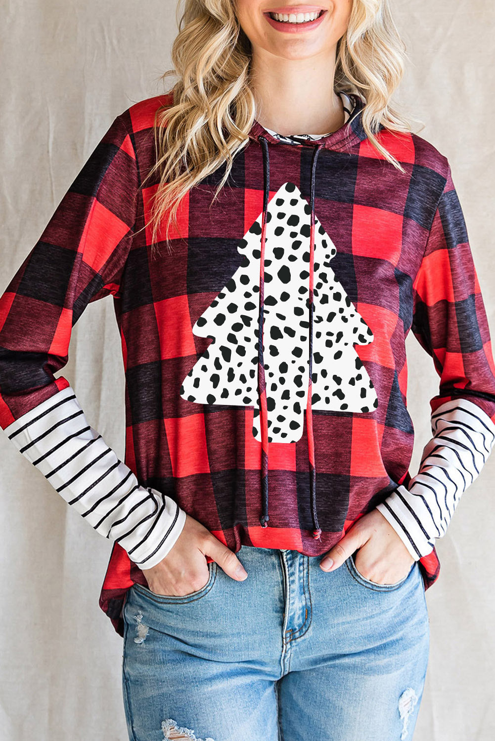 Red Plaid Patch Sleeve Leopard Christmas Graphic Hoodie