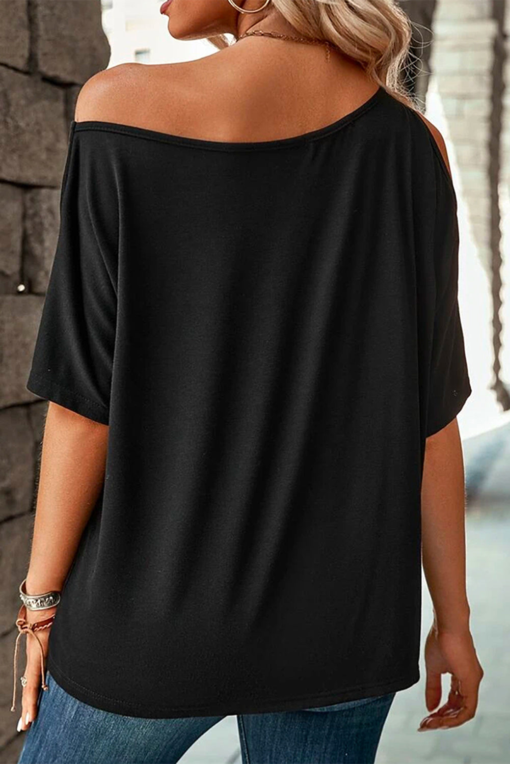 Black Casual One Cold Shoulder Loose T-Shirt