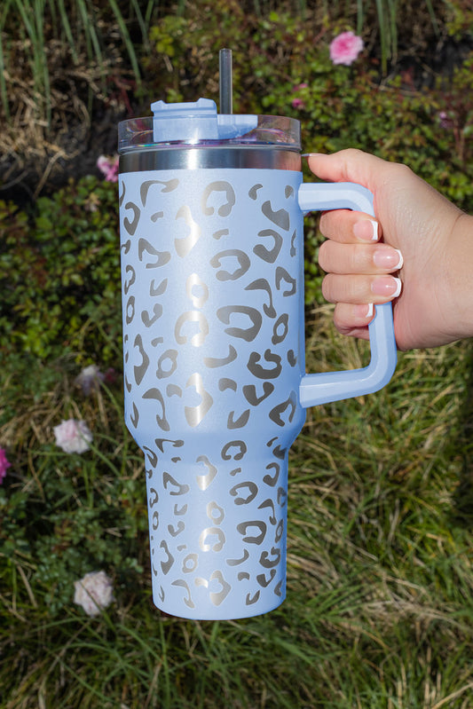 Sky Blue 304 Leopard Spotted Stainless Double Insulated Tumbler Mug With Handle