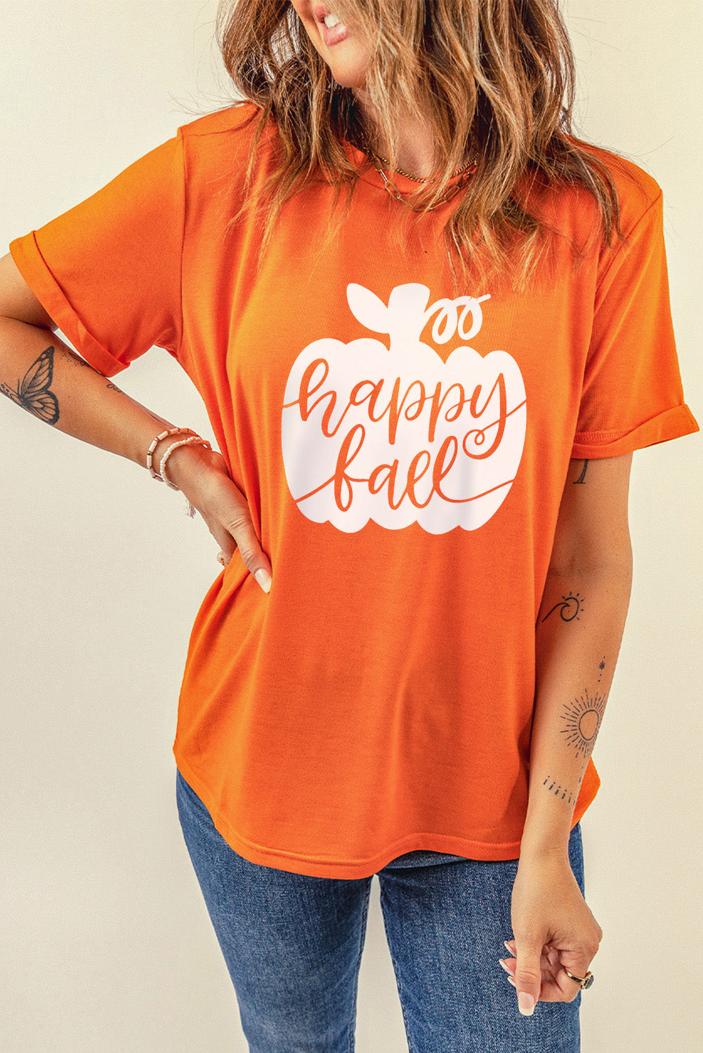 Orange Happy Fall Pumpkin Print Crew Neck Graphic T Shirt