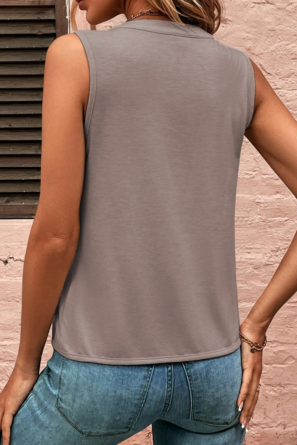 Khaki Solid V Neck Pleat Sleeveless Shirt