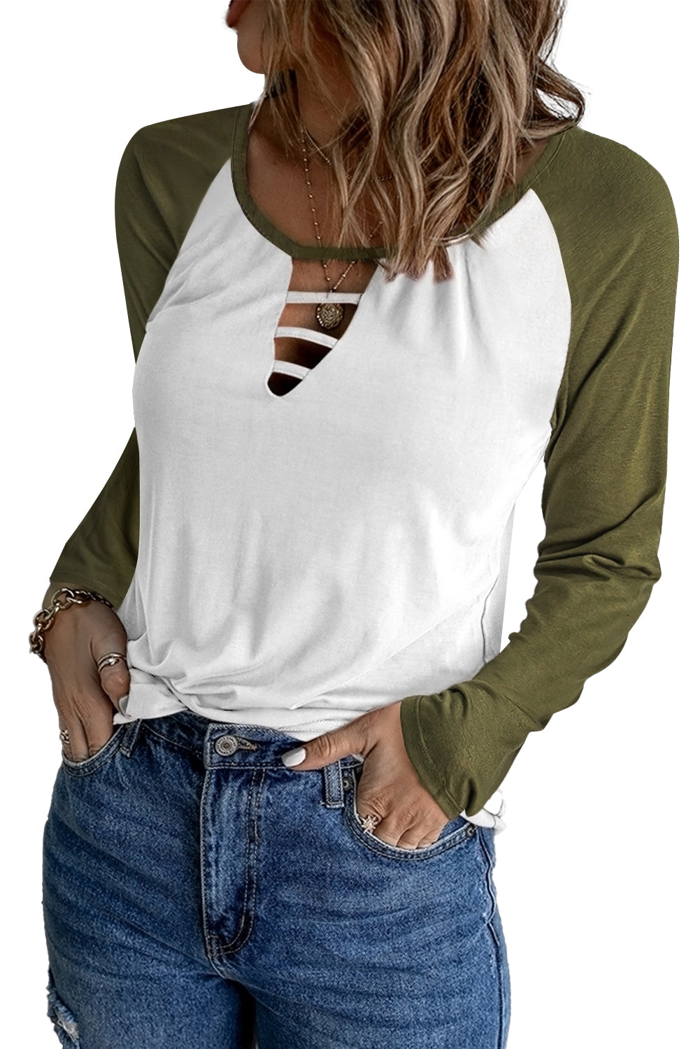 White & Green Color Block Ladder Keyhole Neck Long Sleeve Top