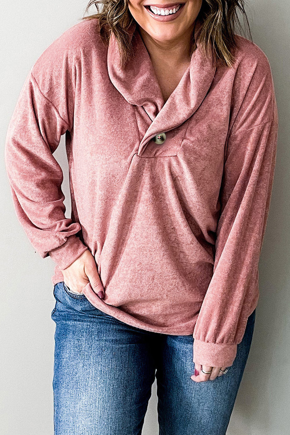 Pink Plus Size Long Sleeve V-Neck Buttoned Top