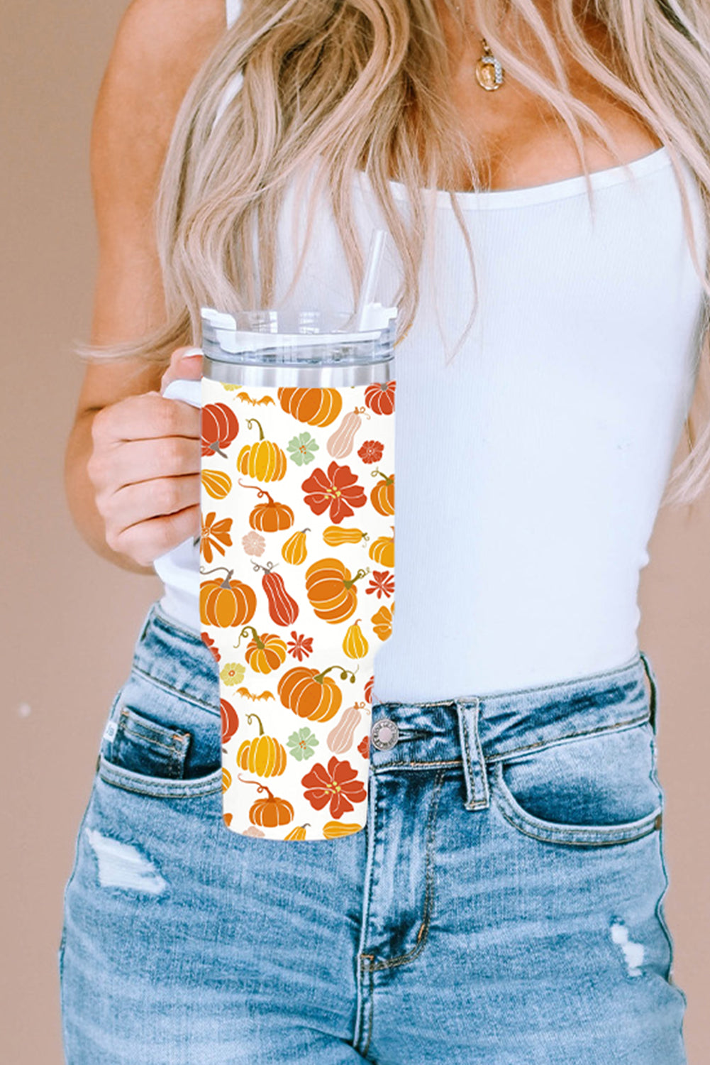 White 304 Pumpkin Print Stainless Steel Double Insulated Cup