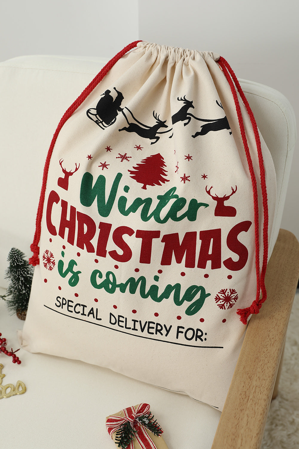 Multicolor Christmas Drawstring Canvas Goody Gift Bag