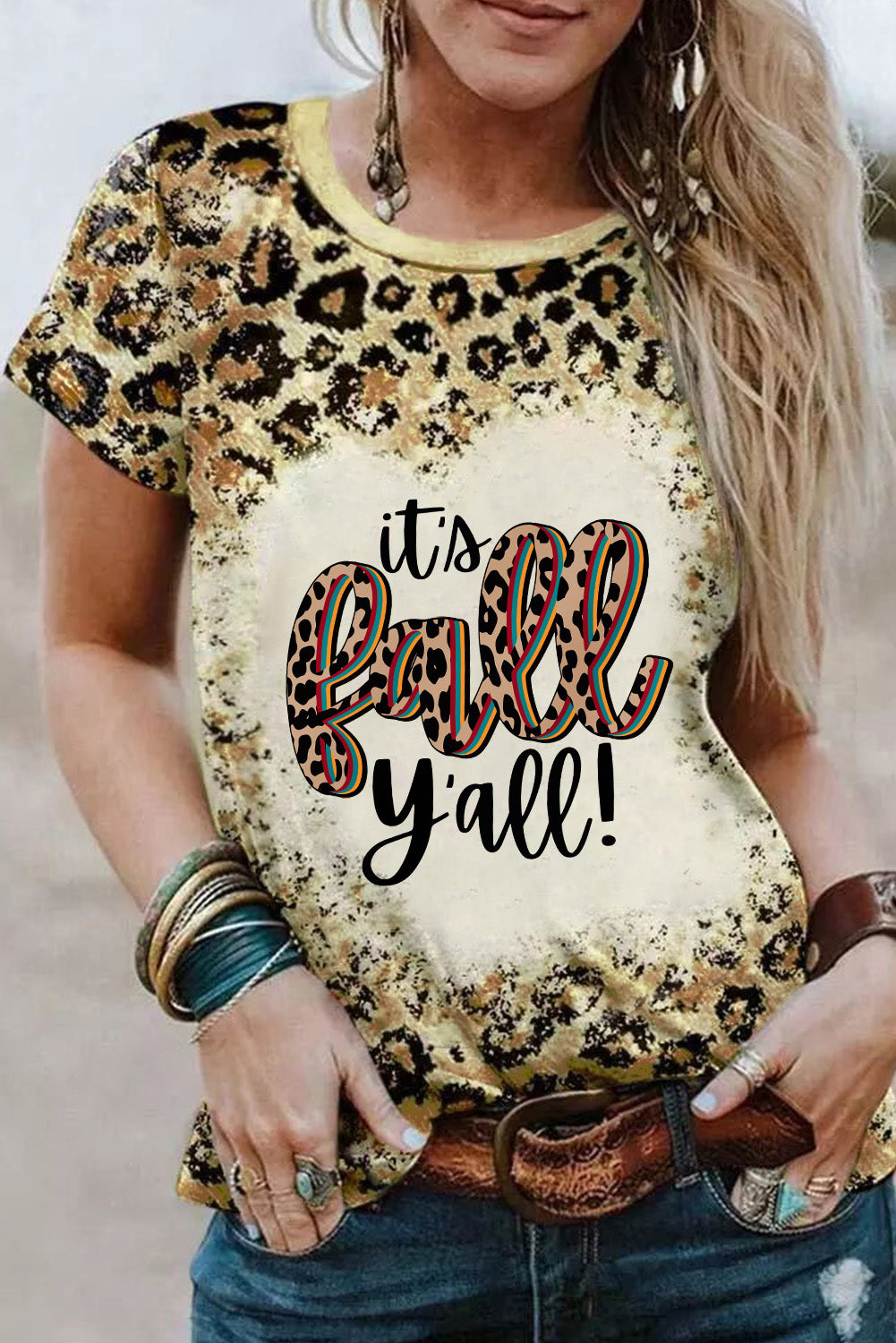 Leopard Its Fall Yall! Bleached Print Graphic Tee
