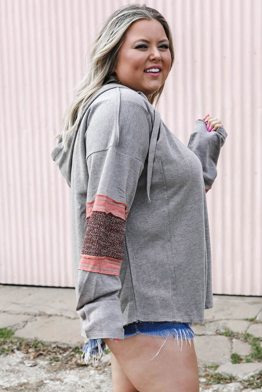 Gray Contrast Patched Sleeve Plus Size Hoodie