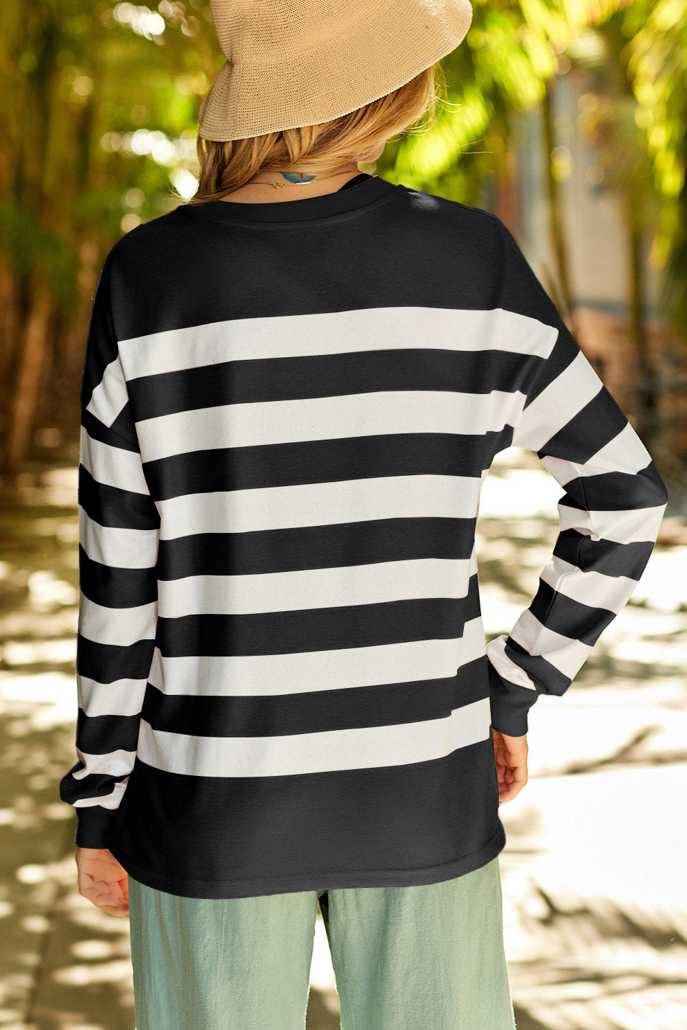 Red Striped Colorblock Casual Pocket Slits Long Sleeve Top