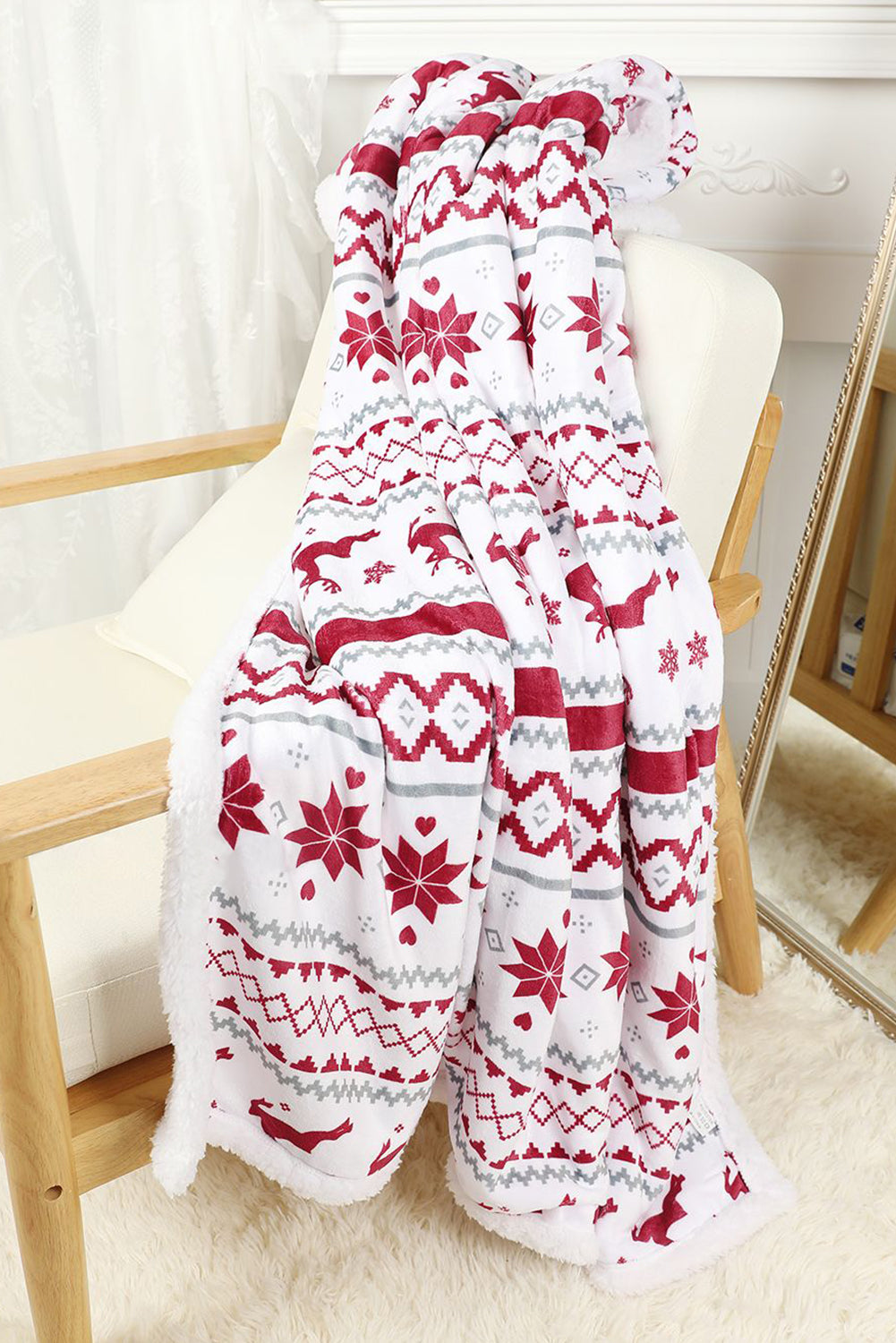 Snow White Christmas Reindeer Snowflake Printed Sherpa Blanket
