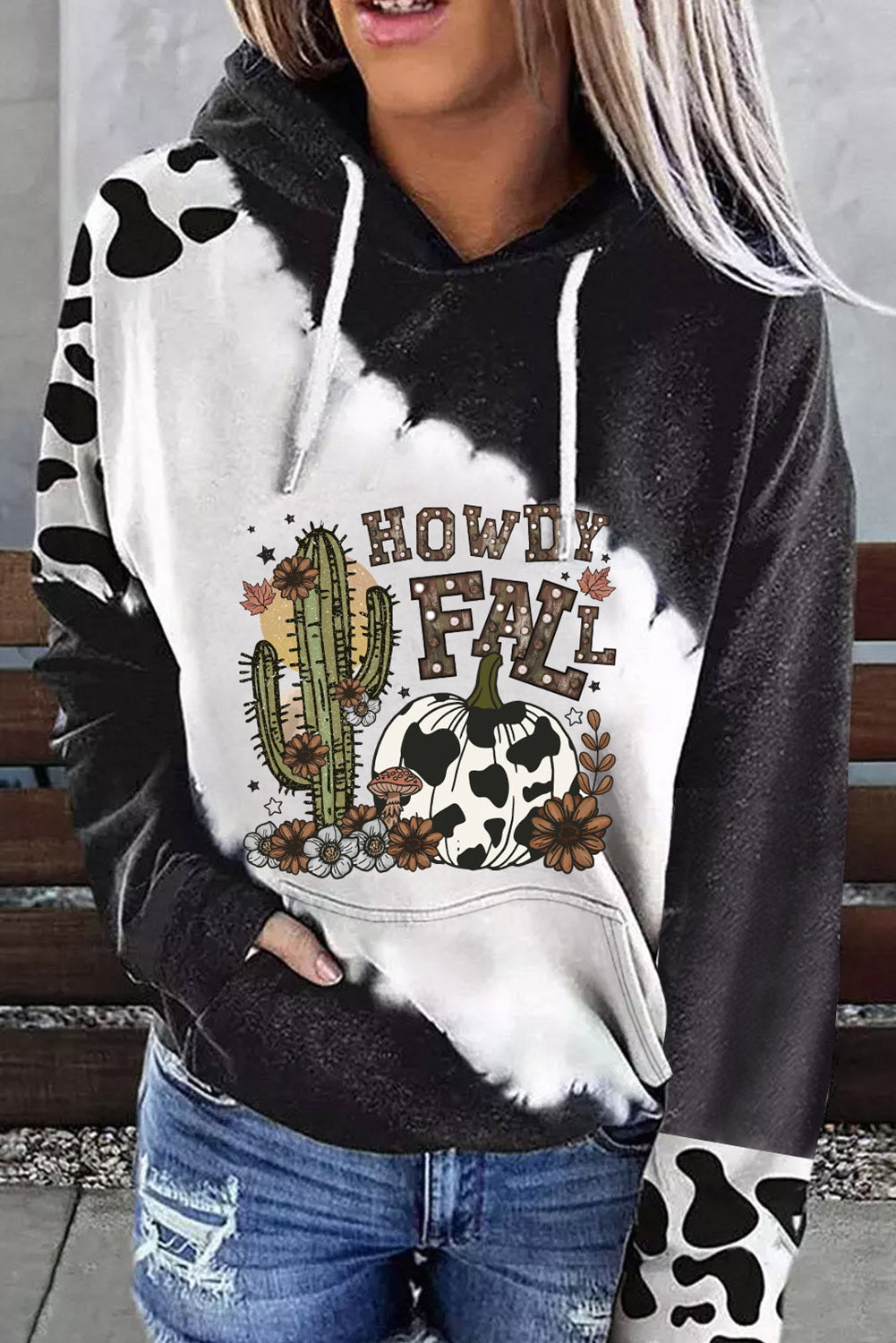Black HOWDY FALL Western Cow Spots Graphic Hoodie