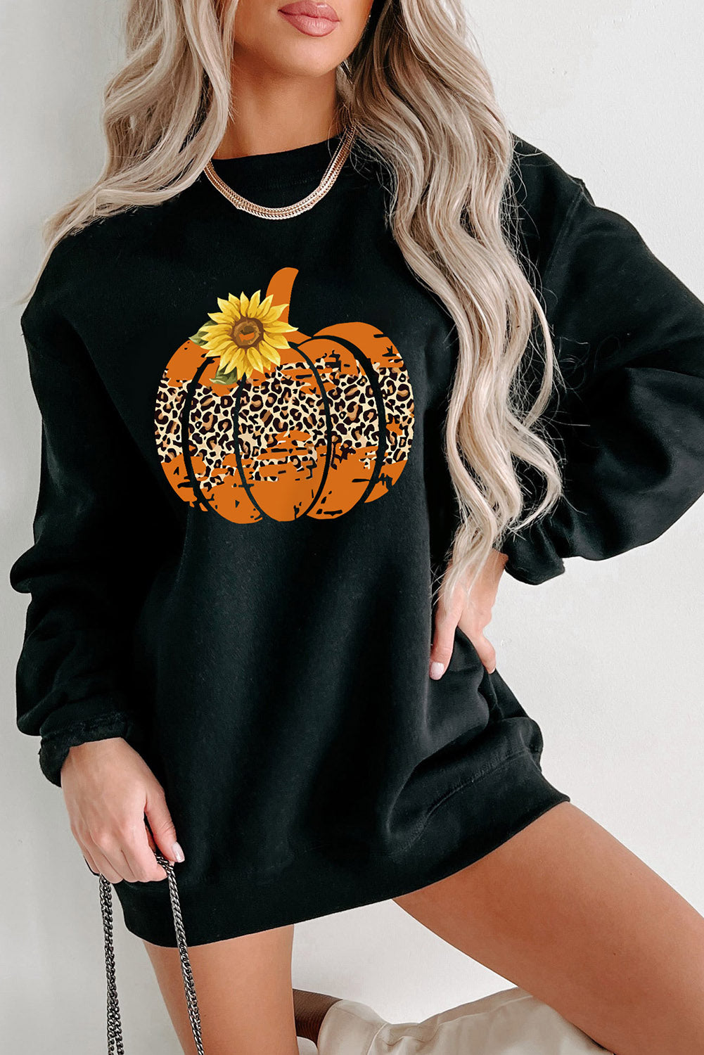 Black Leopard Pumpkin Sunflower Graphic Sweatshirt