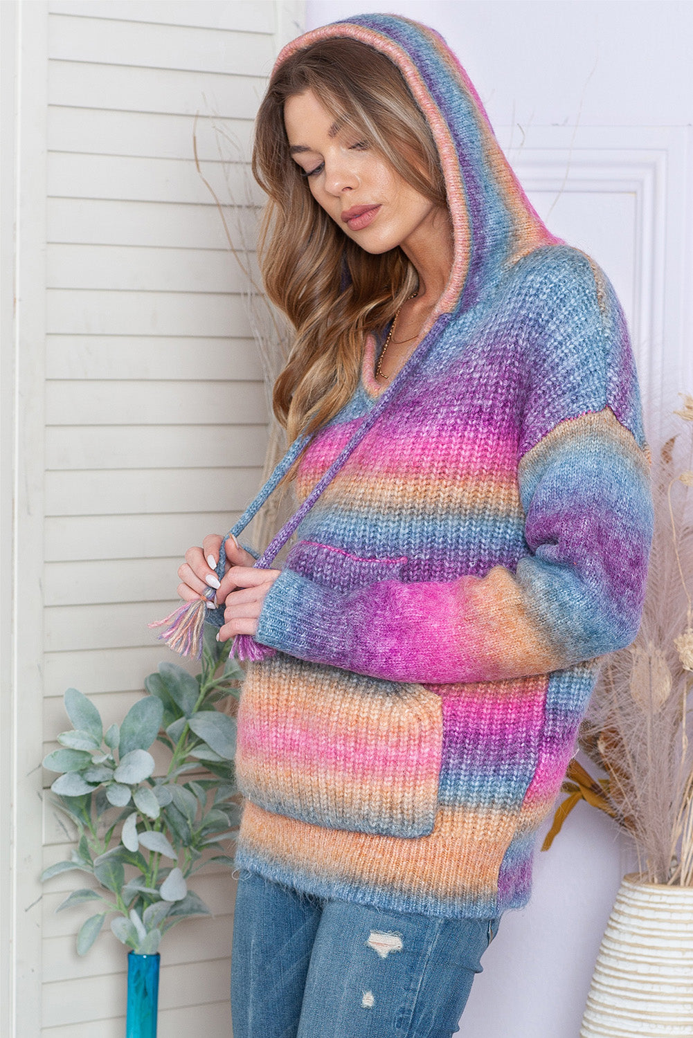 Multicolor Knitted Hooded Sweater with Kangaroo Pocket