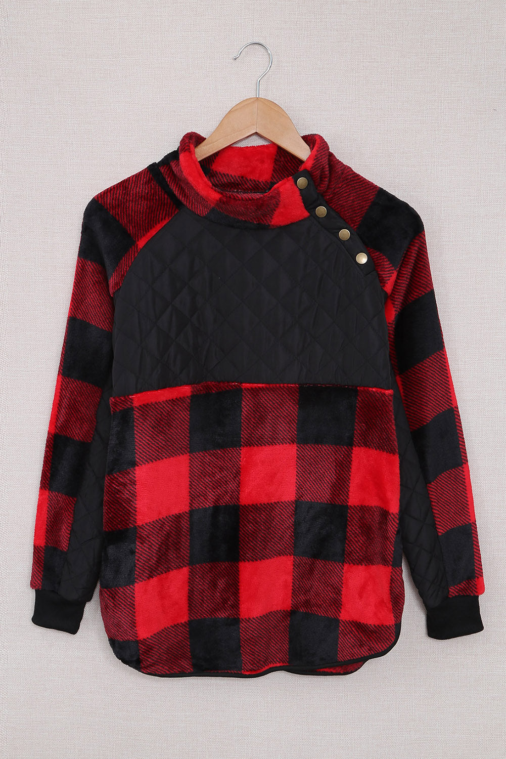 Red Plaid Patchwork Casual Button Quilted Sweatshirt