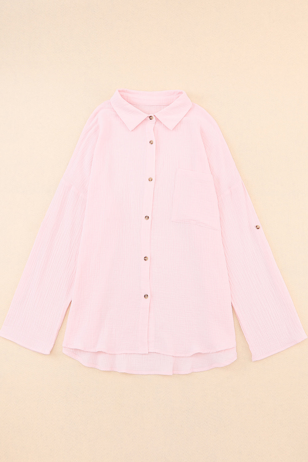 Pink Crinkle Texture Roll-tab Sleeve Shirt