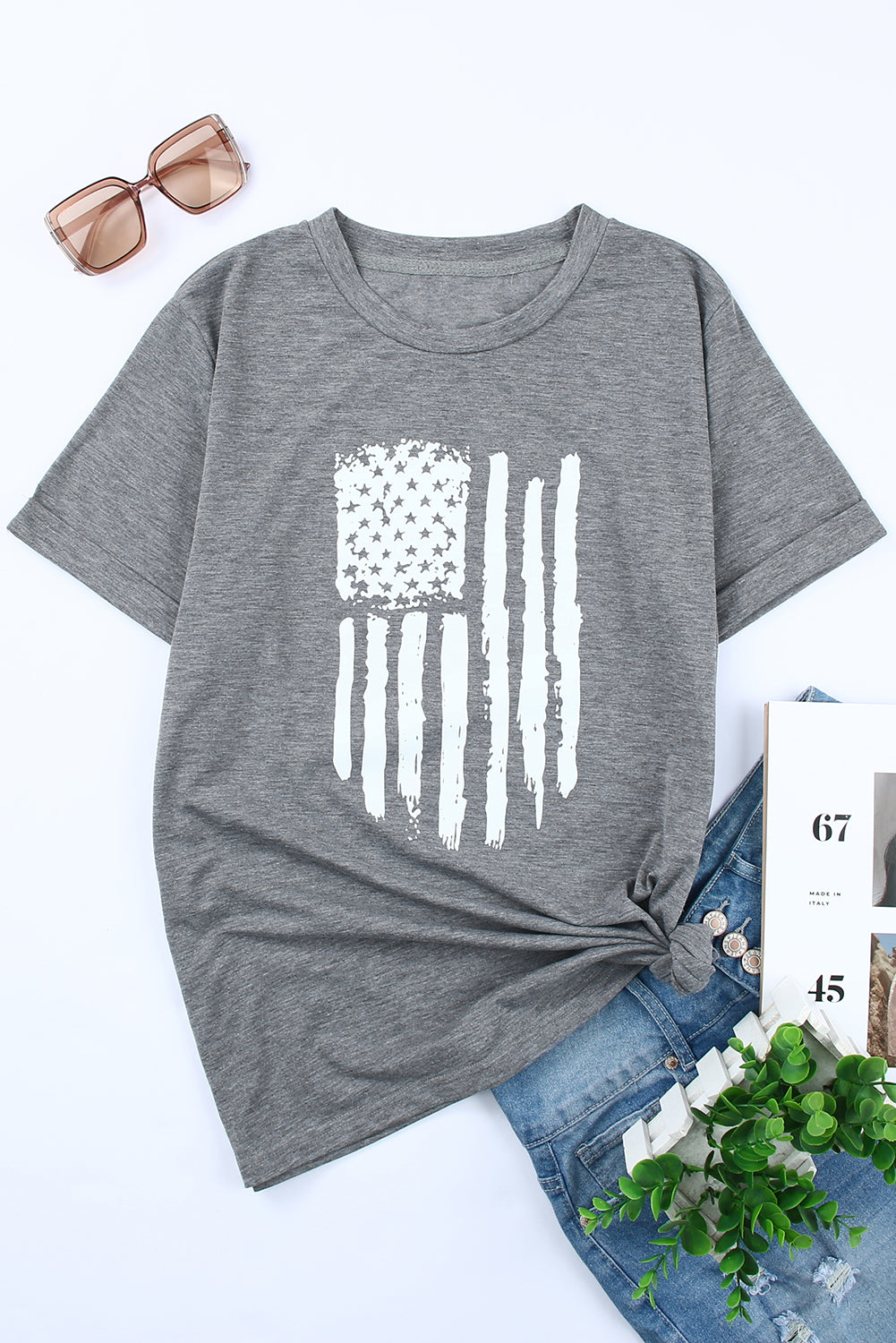 Gray American Flag Graphic Tee Short Sleeve Crew Neck T Shirt