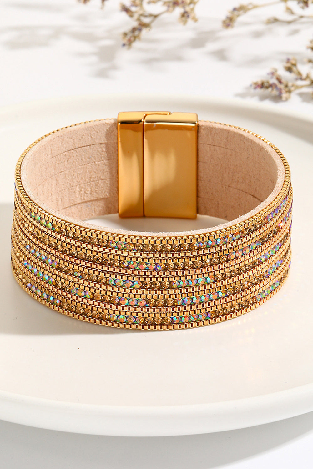 Gold Full Diamond Leather Wide Magnetic Buckle Bracelet