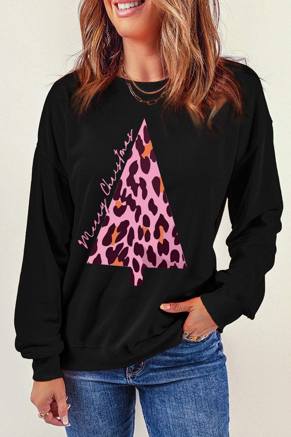 Black Leopard Christmas Tree Print Graphic Pullover Sweatshirt