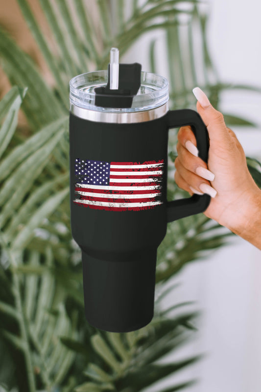 Black 40oz American Flag Print Straw Handle Insulate Tumbler Mug