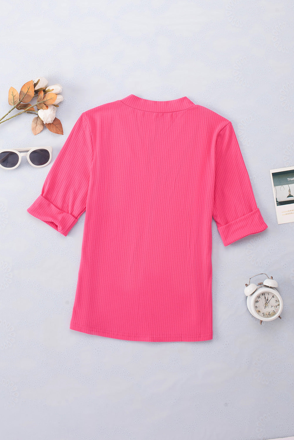 Rose Solid Color Ribbed Knit V Neck Casual Top for Women