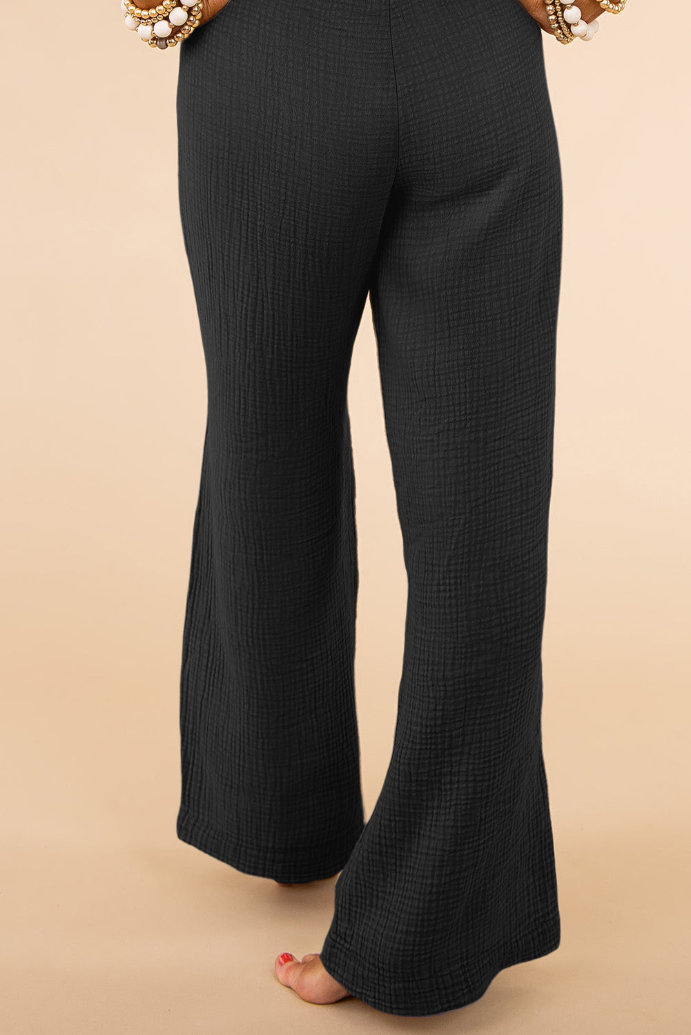 Khaki Textured High Waist Wide Leg Plus Size Pants