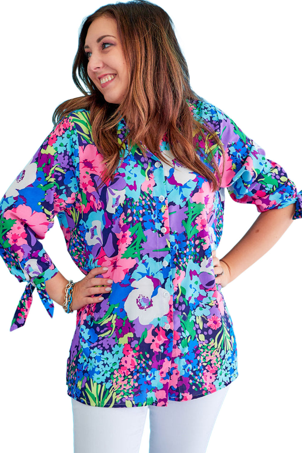 Multicolor Plus Size Floral Knotted Long Sleeve Shirt