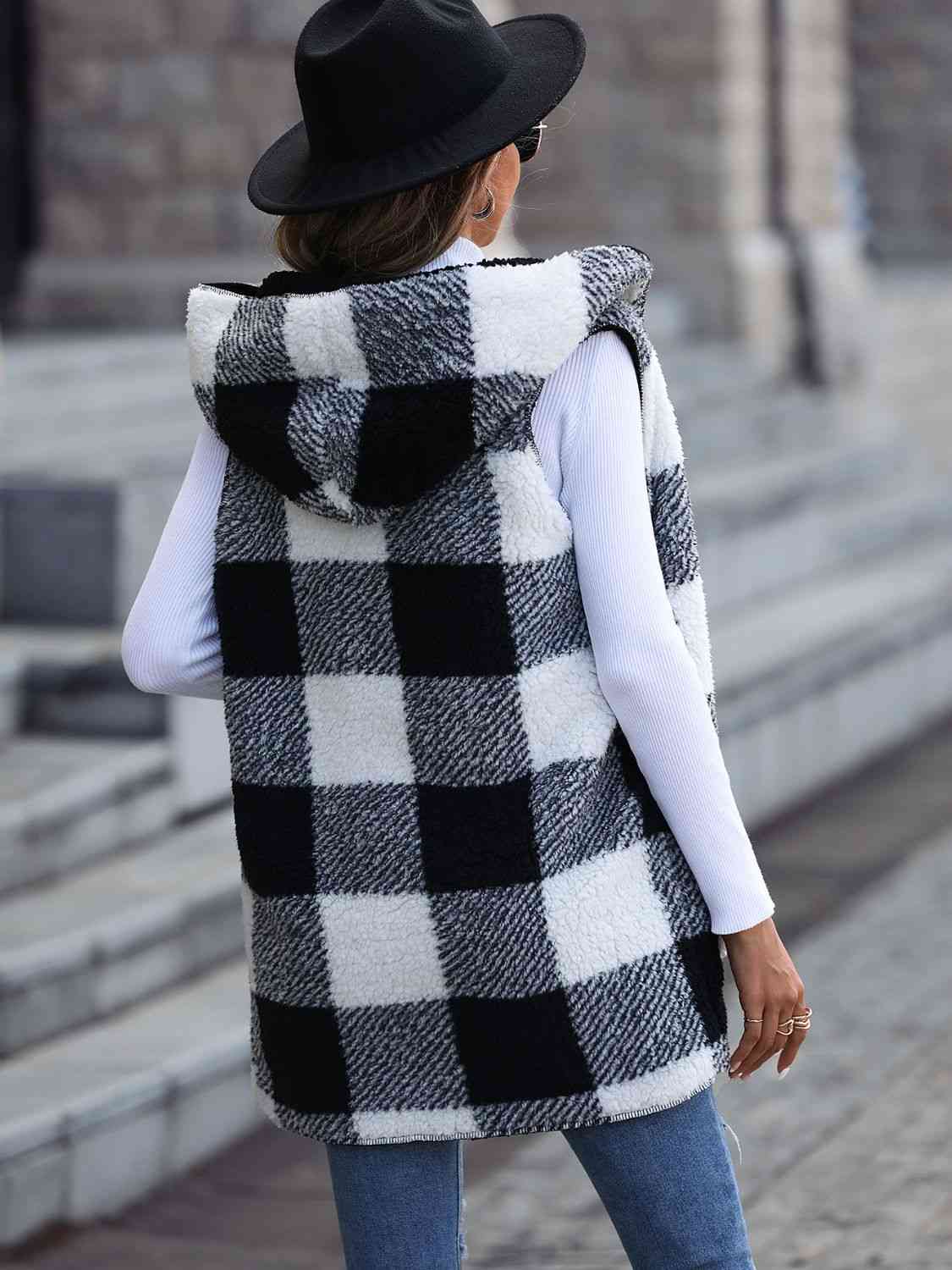 Plaid Hooded Vest with Pockets