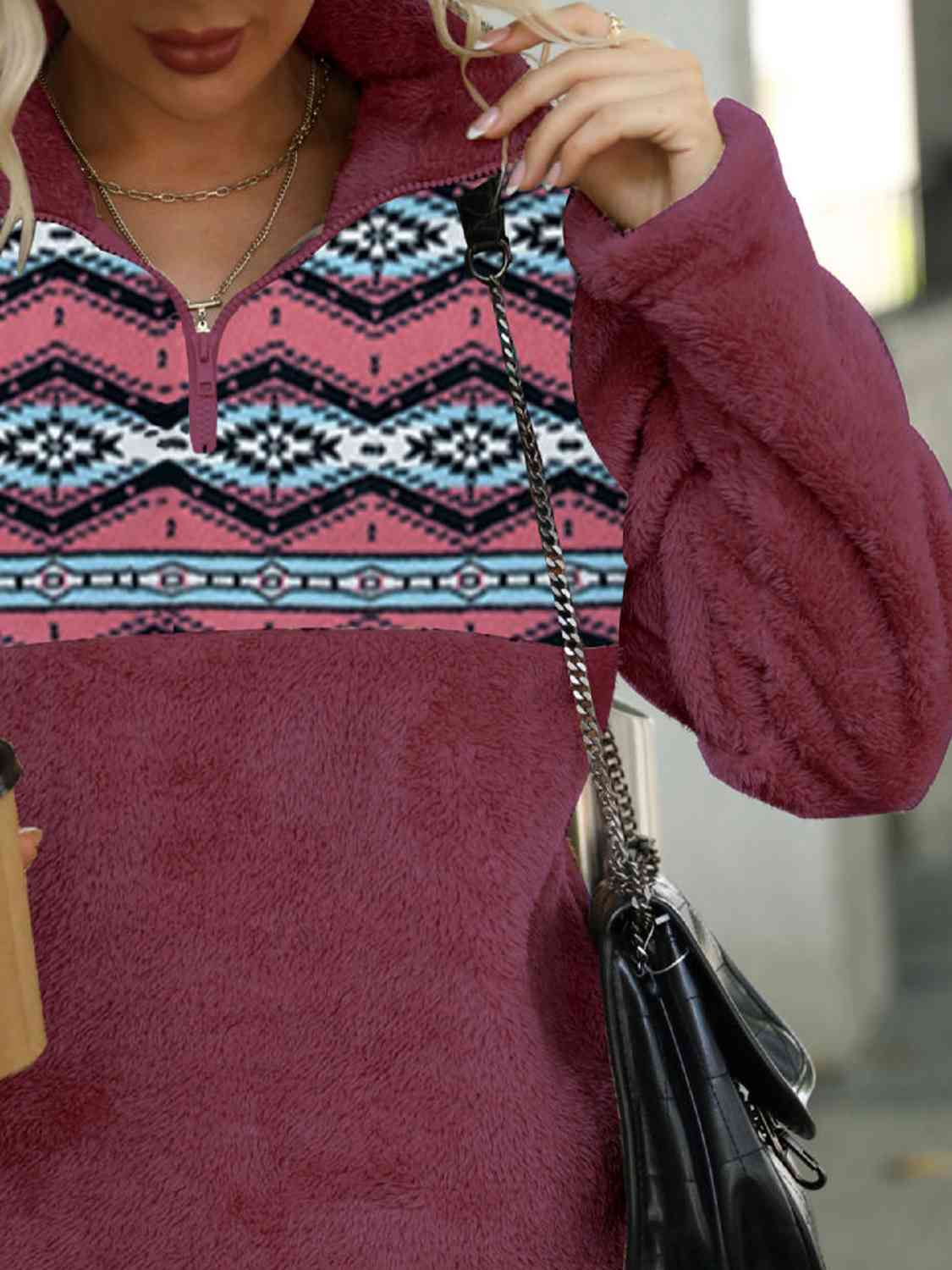 Geometric Quarter-Zip Collared Sweatshirt